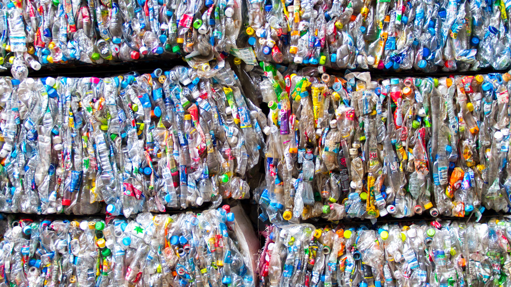 Recycled plastic crushed into cubes and stacked