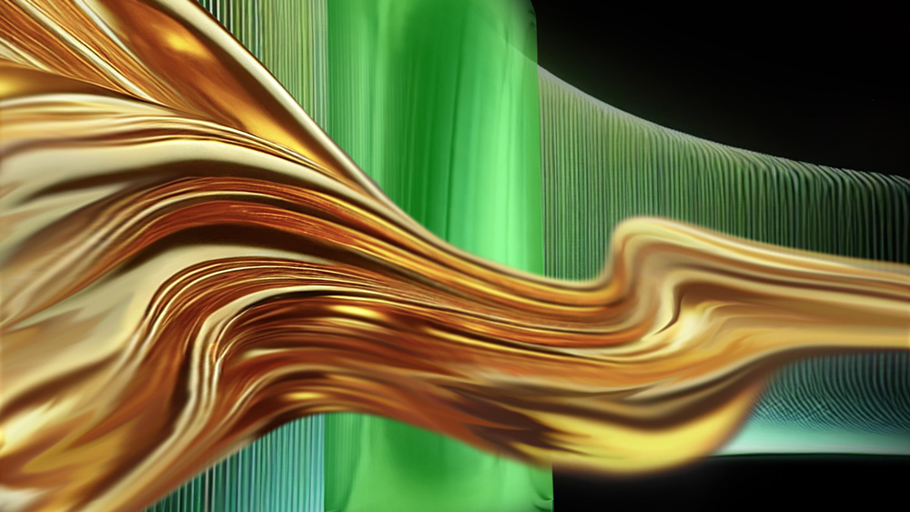Golden liquid flows horizontally in front of green undulating wall
