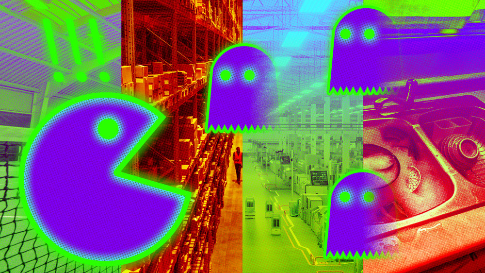 A Pacman-type illustration shows a Pacman and 3 ghosts. The background is 4 photos of different environments like factories and warehouses.