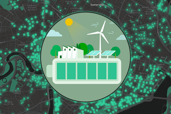 An icon shows solar panels and batteries. A map of Cambridge is in the background.