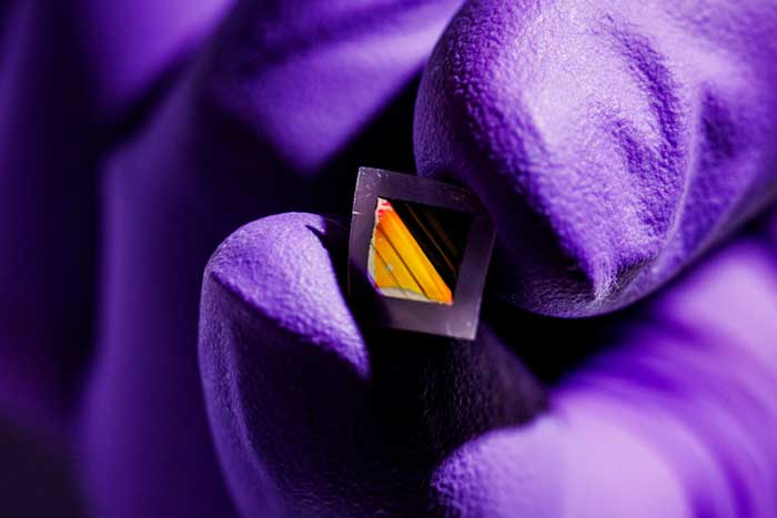 gloved hand holds small square material