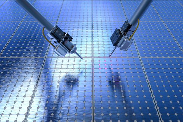 probe analyzing a shiny grid-like material