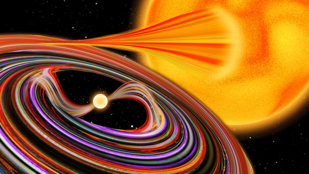 A swirling, spinning disk surrounds a tiny white star. A stream of material from a larger star is seeping into the disk.