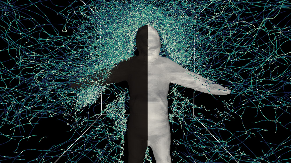 A figure is half white and black, with thousand of mosquito trajectories