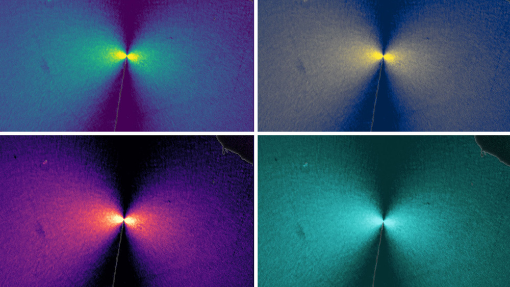 4 images showing a tiny thread emitting light
