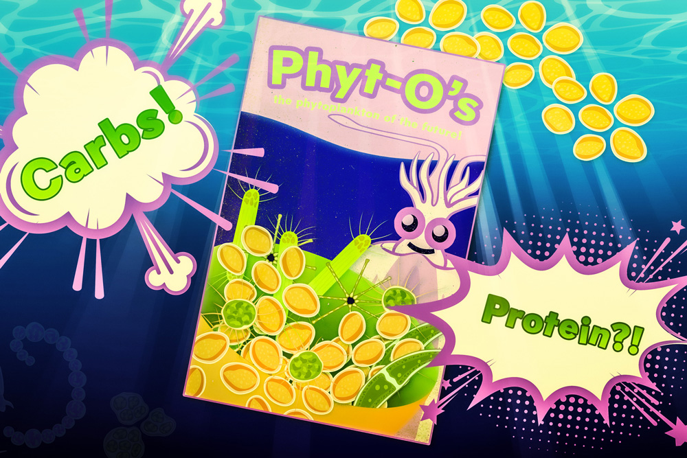 A cartoon cereal box is called “Phyt-O’s: the phytoplankton of the future” and shows a happy plankton with a bowl of plankton. Bubbles say “Carbs!” and “Protein?!”