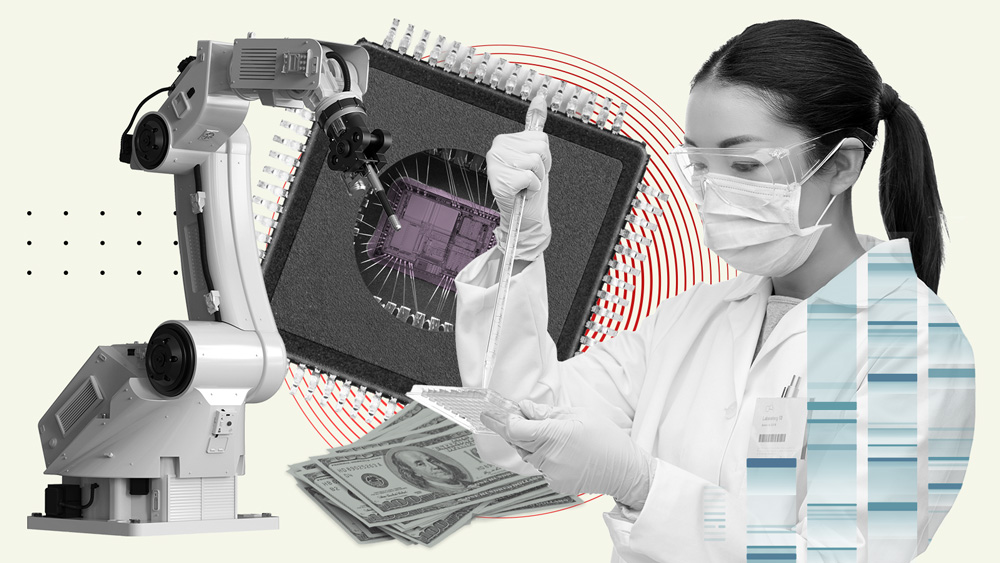 collage showing a robot arm, a computer chip, a biomanufacturing worker, and money